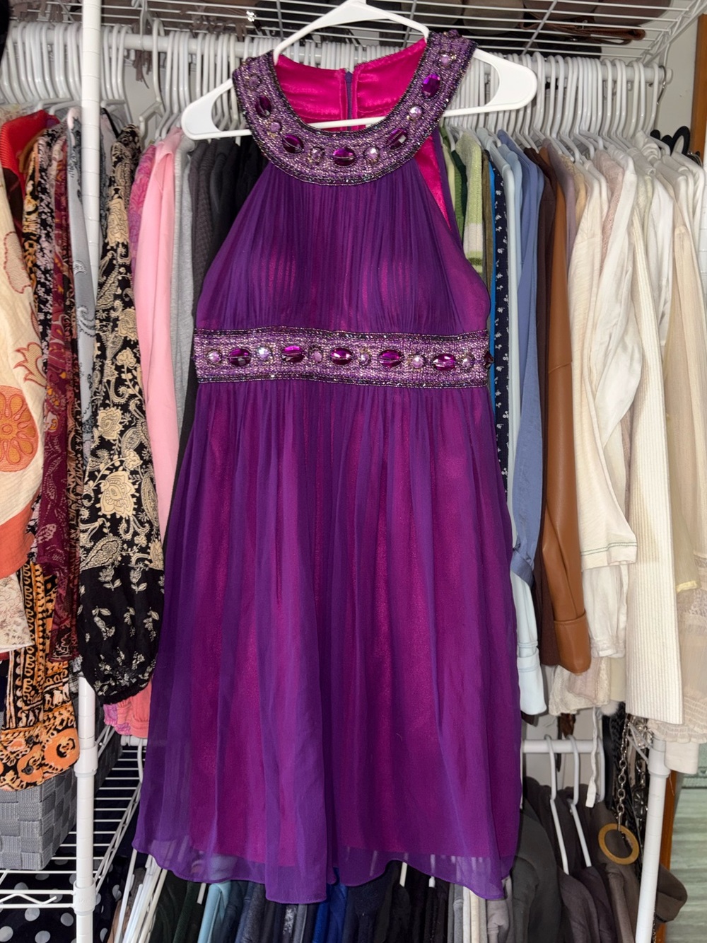 Cache Purple Jeweled Halter Cocktail Dress